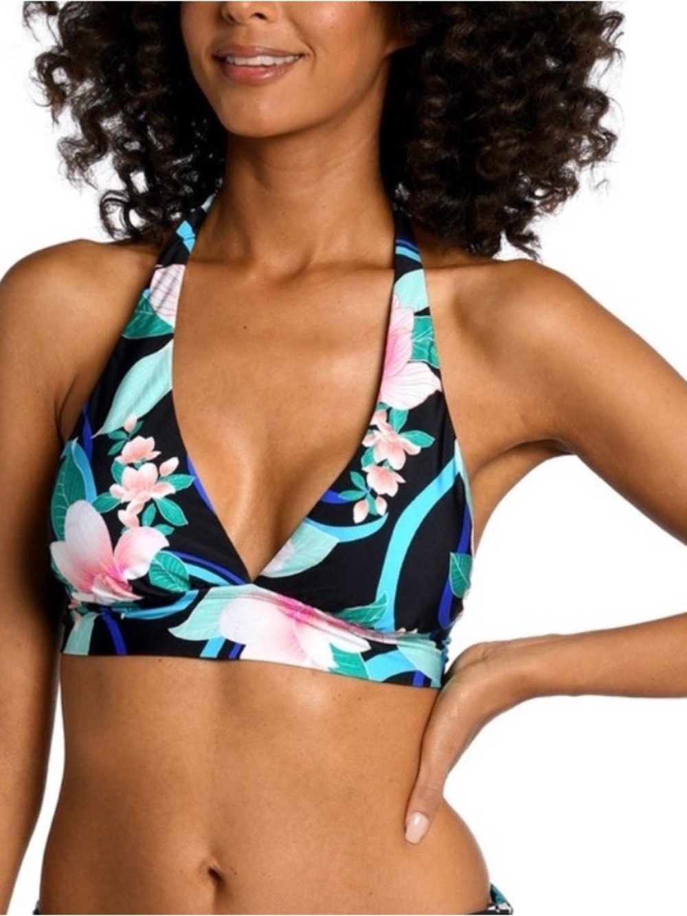La Blanca Black Floral Halter Bikini Top with Teal & Pink Accents